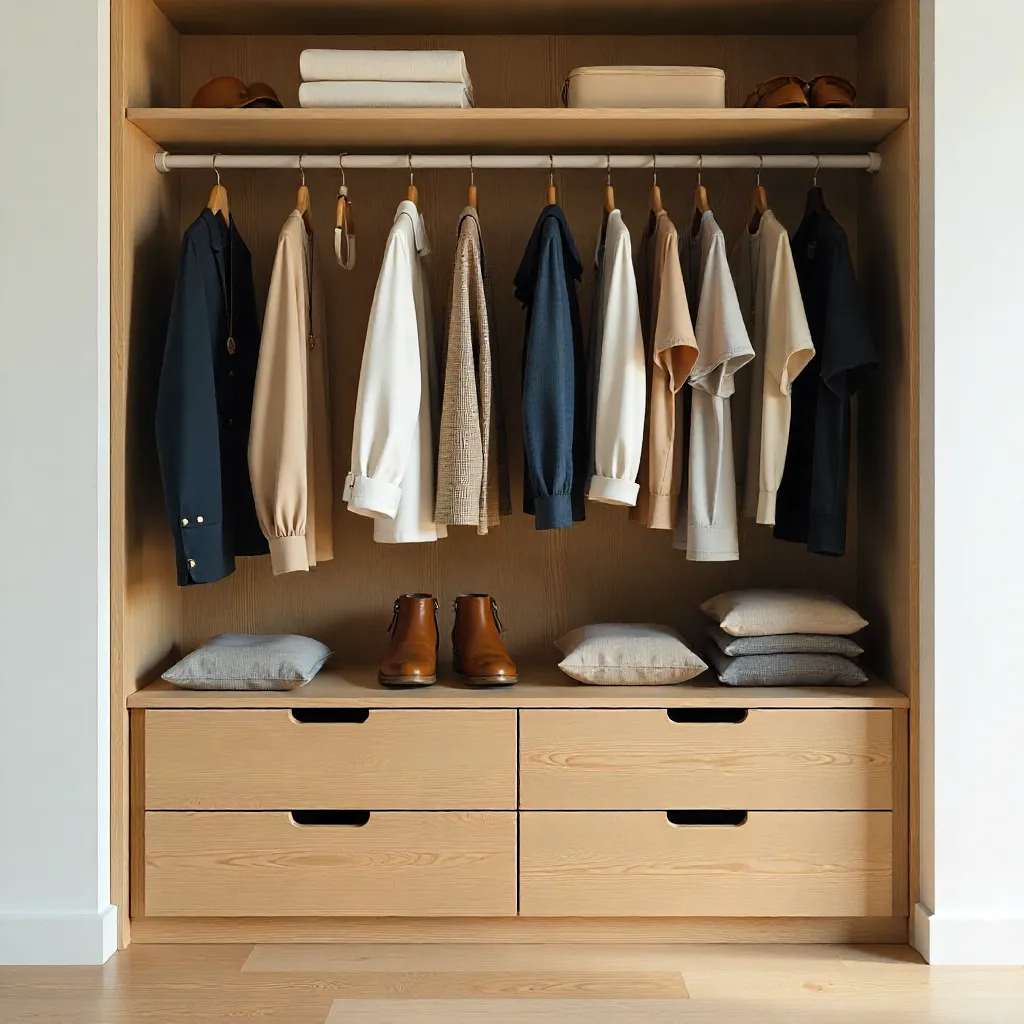 Organized wardrobe with magazine-style presentation